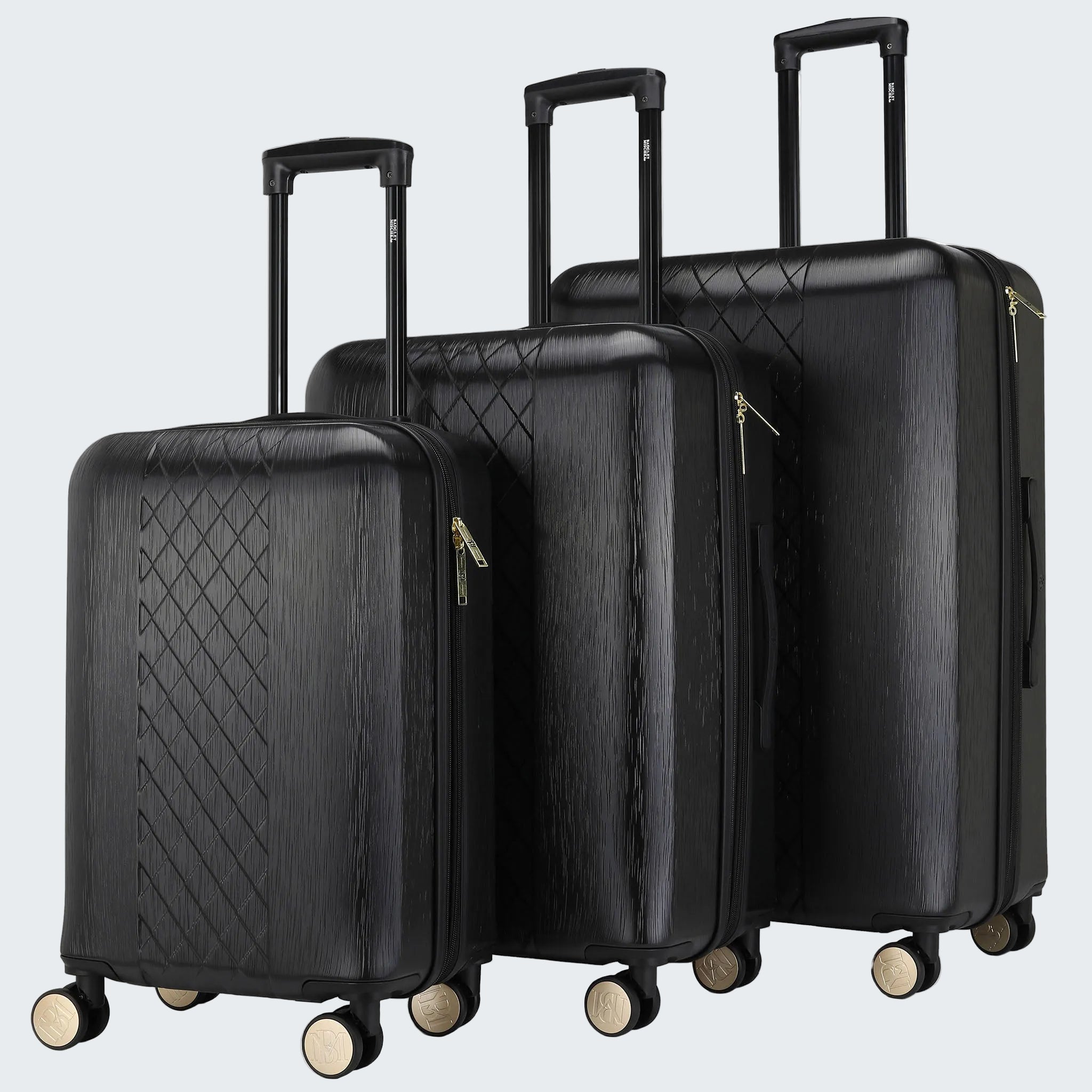 Set of three black suitcases with diamond pattern on a white background