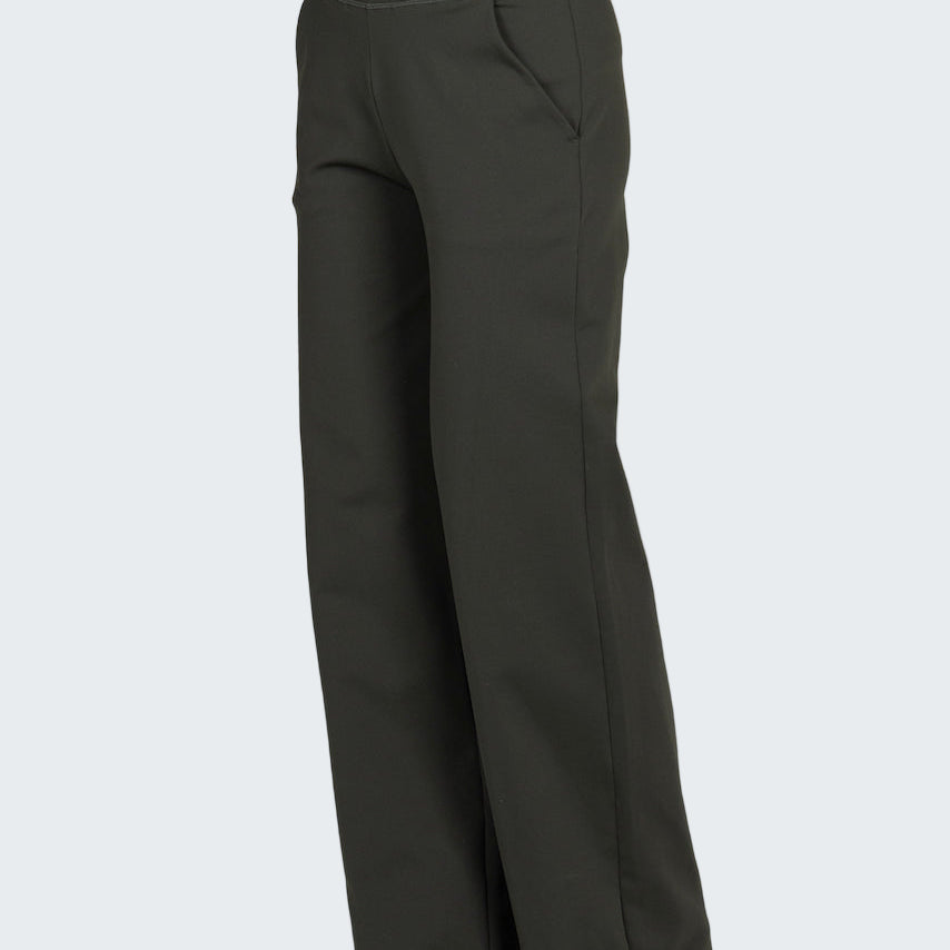 Dark green wide-leg pants worn by a person on a white background