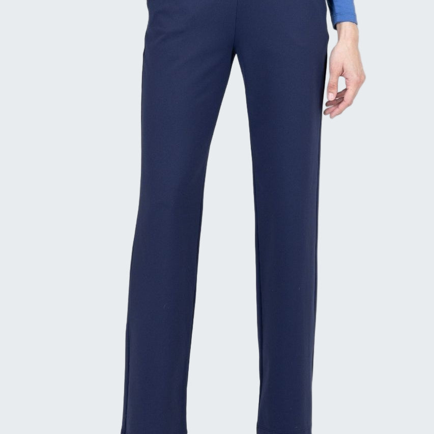 Navy blue pants worn by a person on a white background