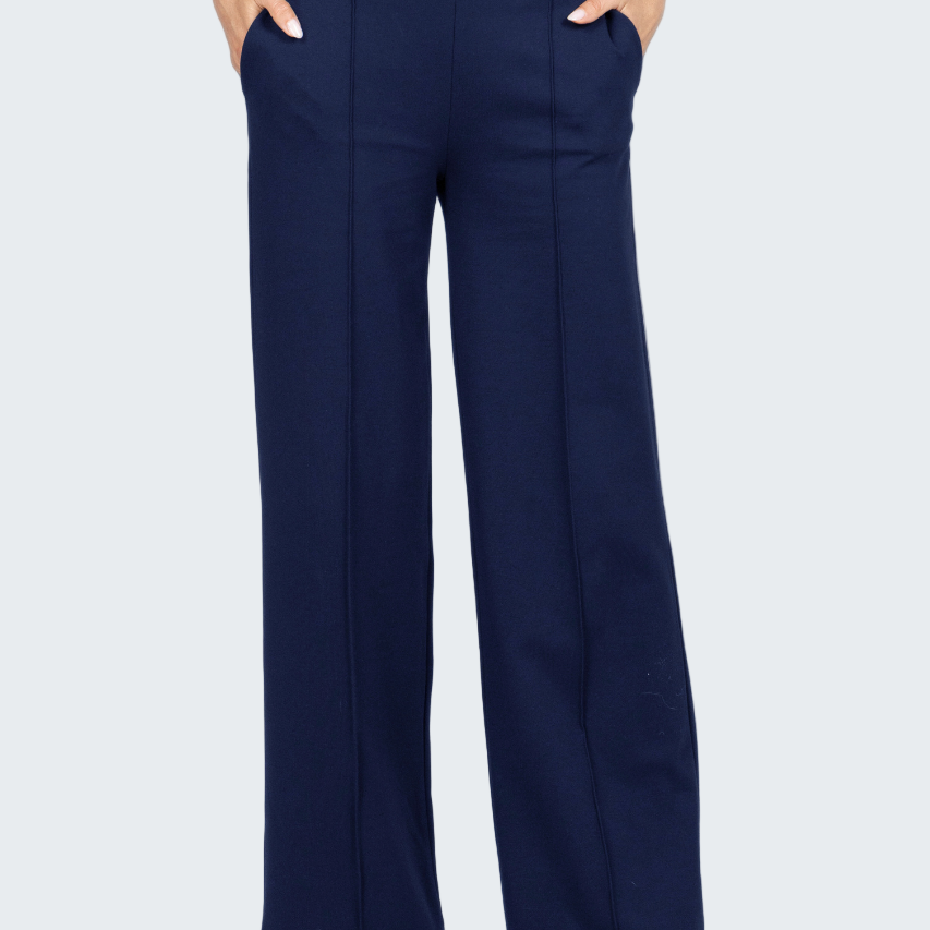 Navy blue wide-leg pants worn by a person on a white background