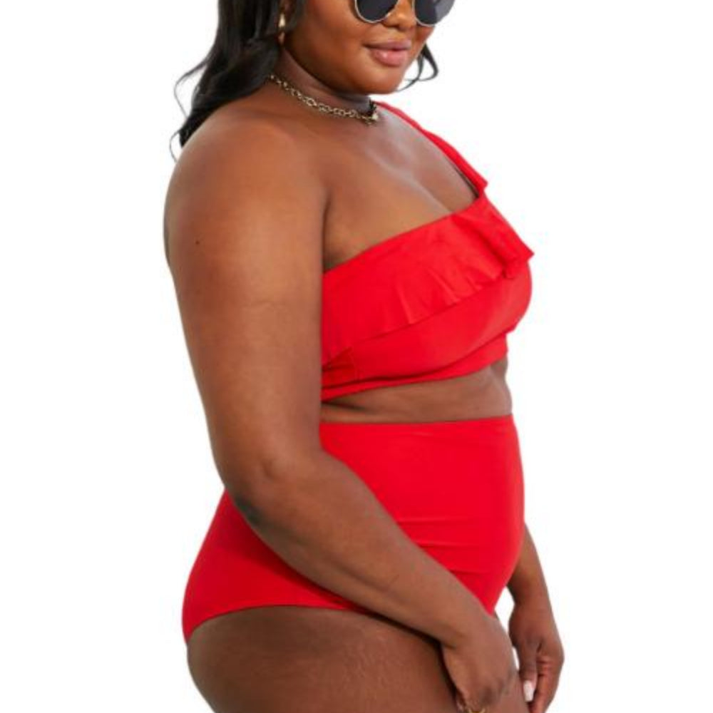 Marina West Swim Seaside Romance Ruffle One-Shoulder Bikini in Red