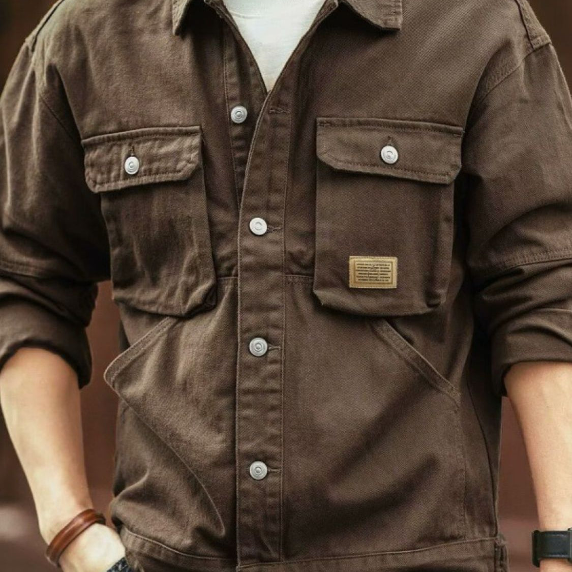 Men's Washed Collared Neck Cargo Jacket