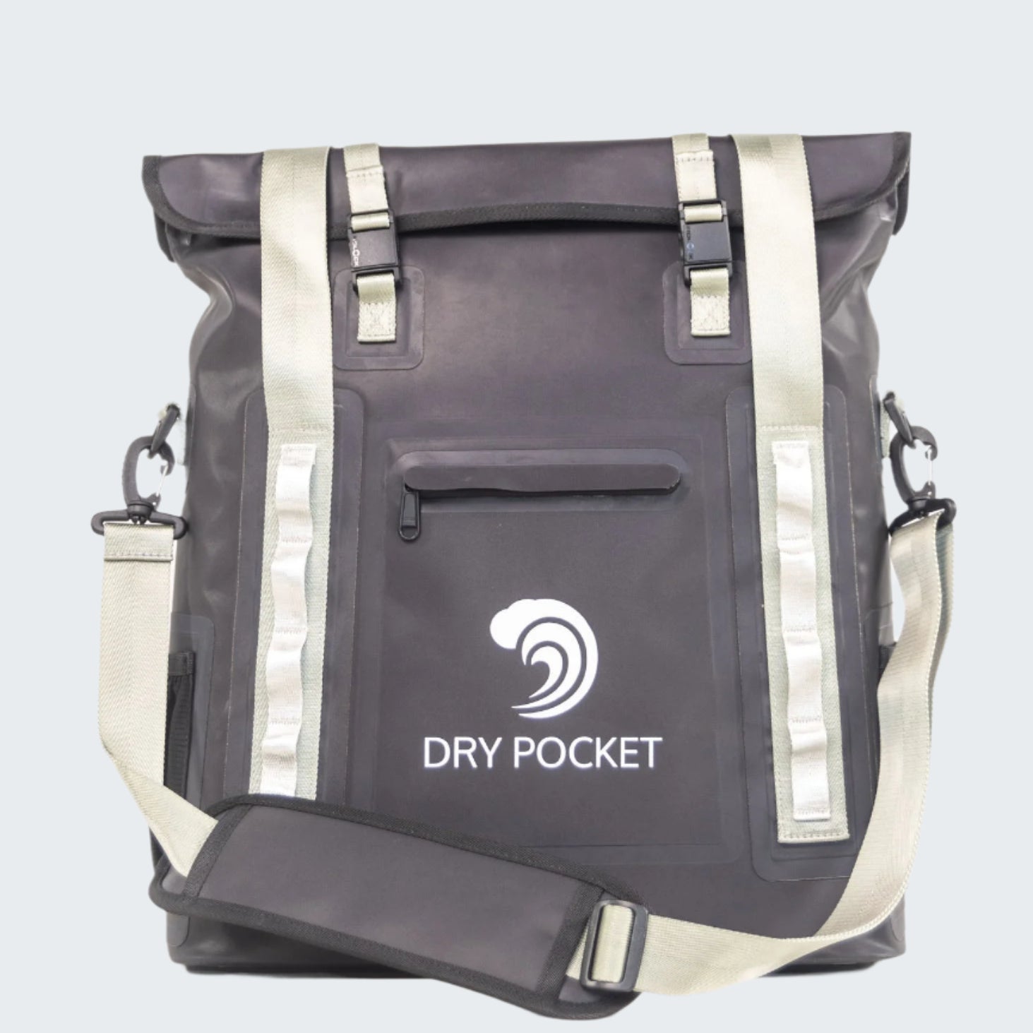 Gray backpack with reflective straps and 'Dry Pocket' logo on a white background