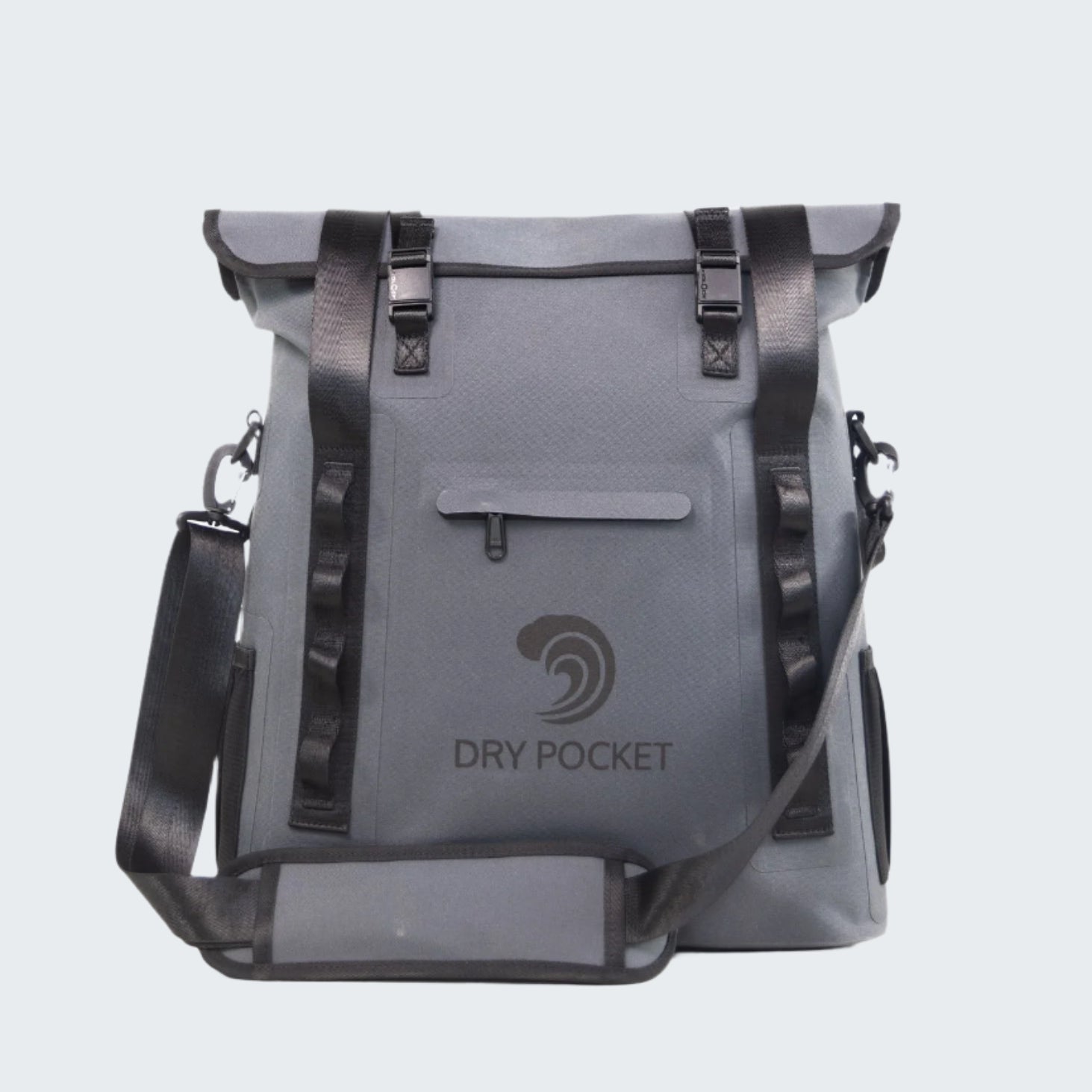 Gray backpack with black accents and 'Dry Pocket' branding on a white background