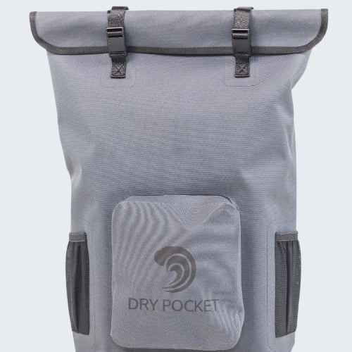 Gray roll-top backpack with 'Dry Pocket' branding on a white background