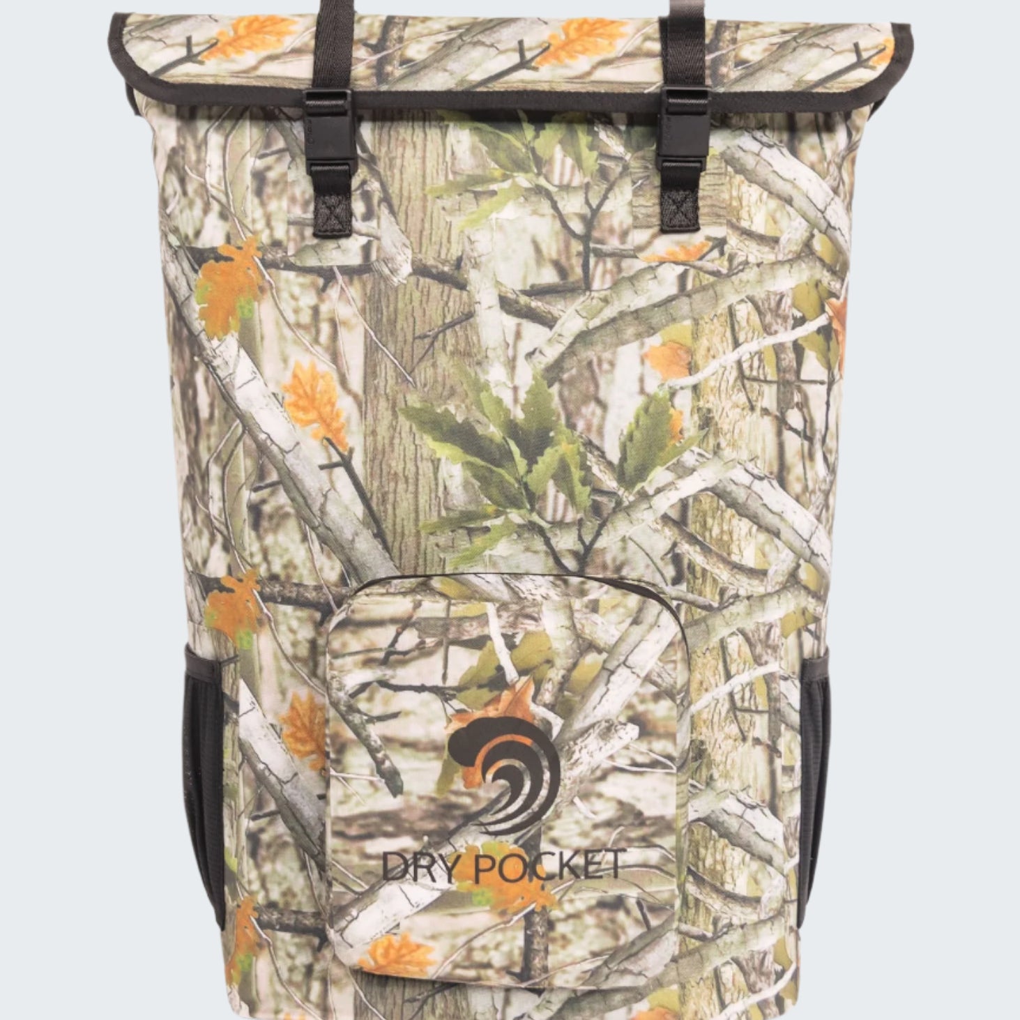 Camouflage backpack with 'Dry Pocket' branding on a white background