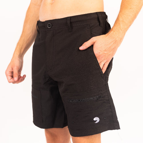 Black shorts with a logo on a white background
