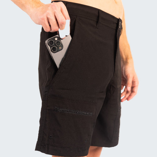Person wearing black shorts holding a phone with a white background