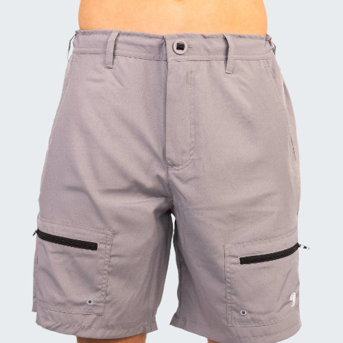 Gray shorts with black zippers on a white background