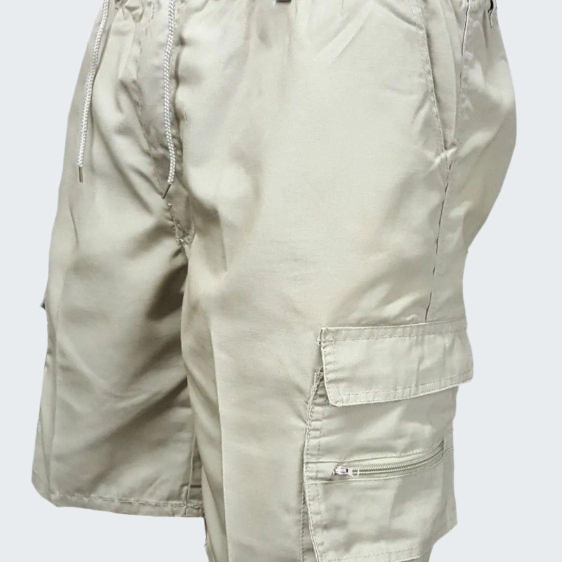 A pair of beige men's plus-size drawstring shorts with cargo pockets.