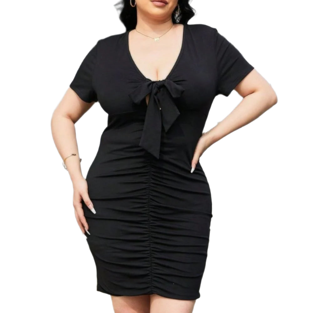 Plus Size Ruched Tied Short Sleeve Mini Dress