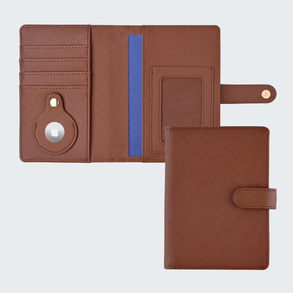 Brown leather wallet with multiple card slots and a blue accent on a white background