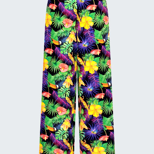 Colorful tropical patterned pants on a white background