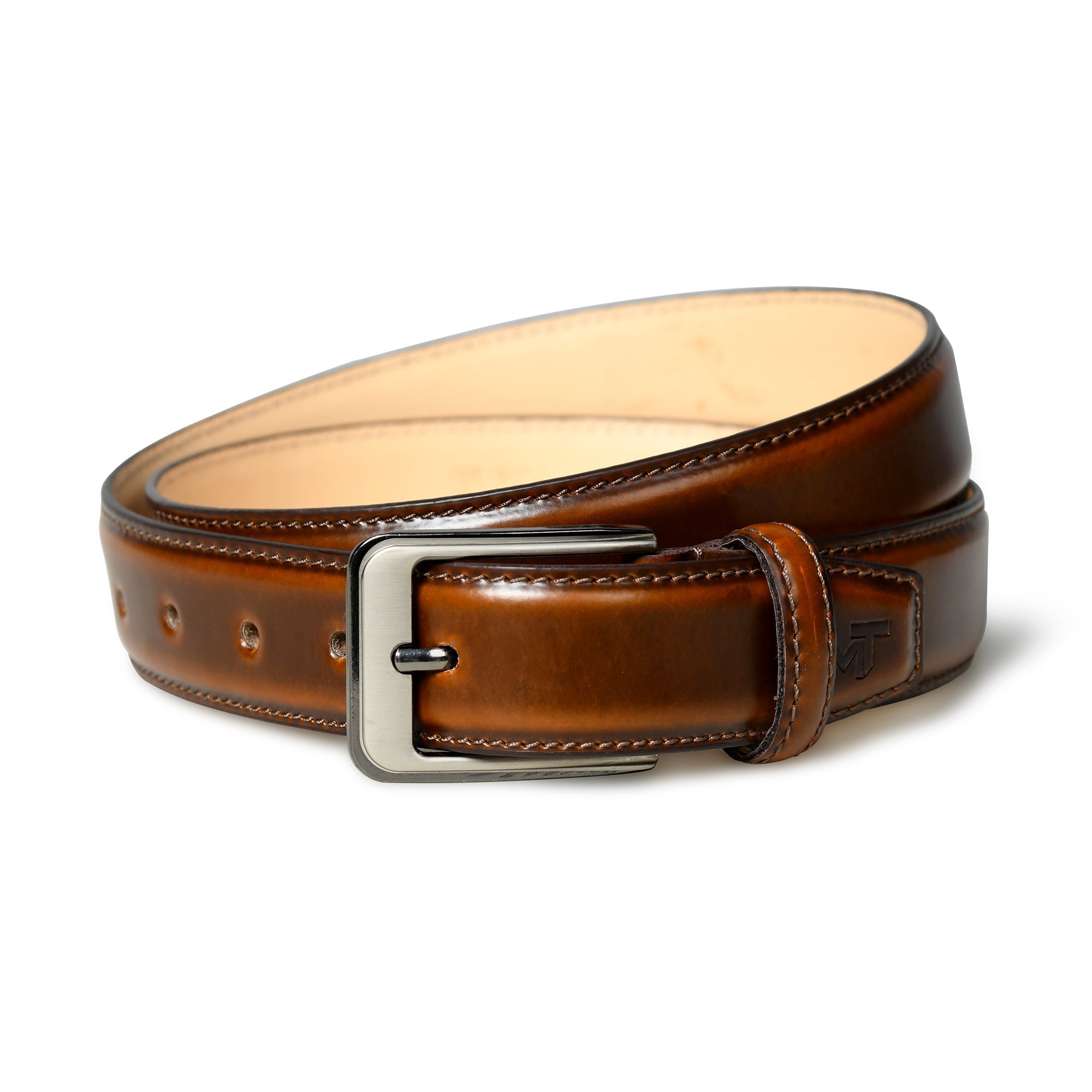Brown leather belt with a silver buckle on a white background