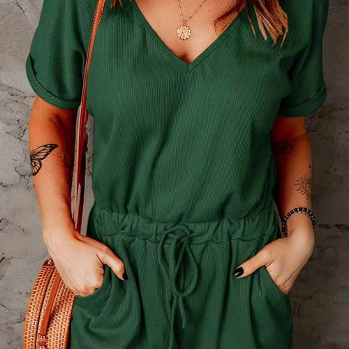 Drawstring V-Neck Short Sleeve Romper