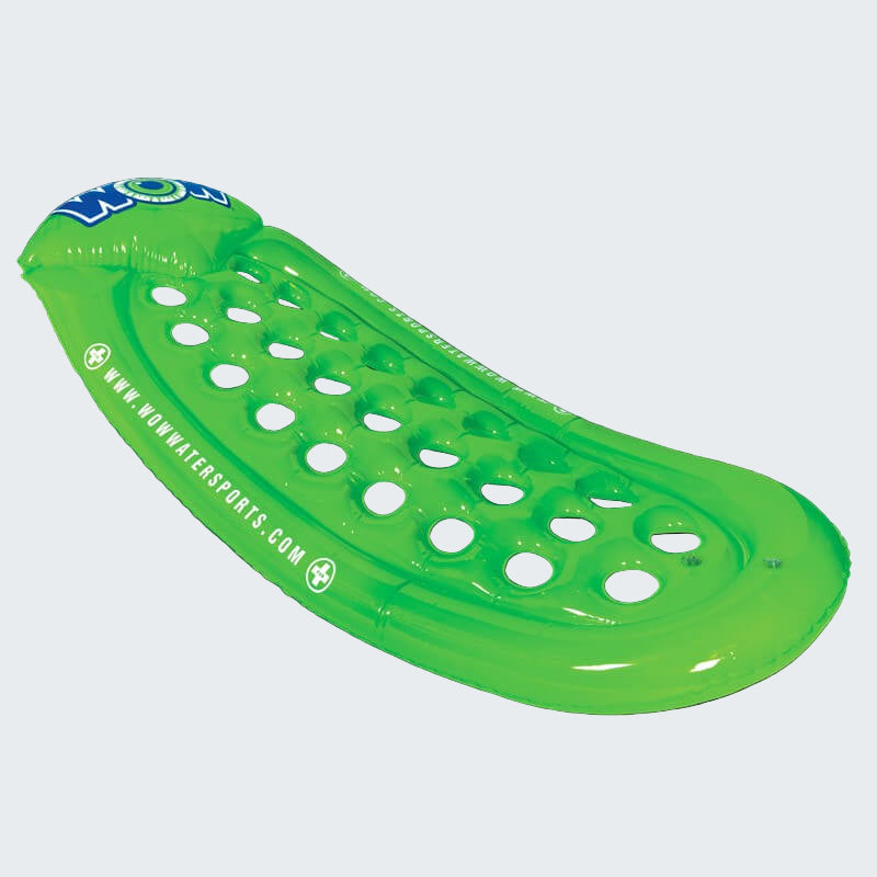 Green inflatable pool float with holes on a black background