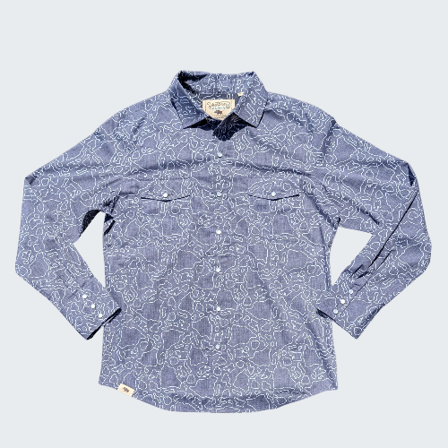Blue patterned shirt on a white background