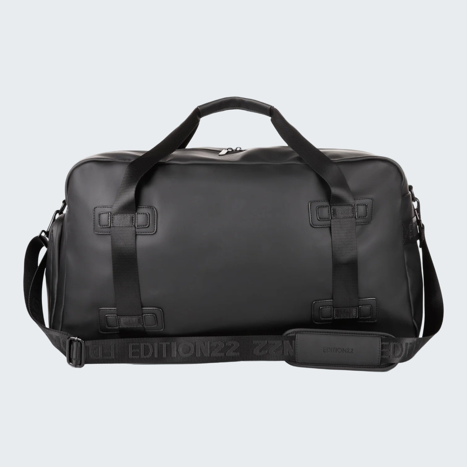 Black duffel bag with visible branding on a white background