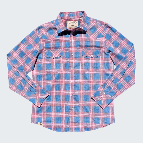 Plaid shirt with blue and pink pattern on a white background