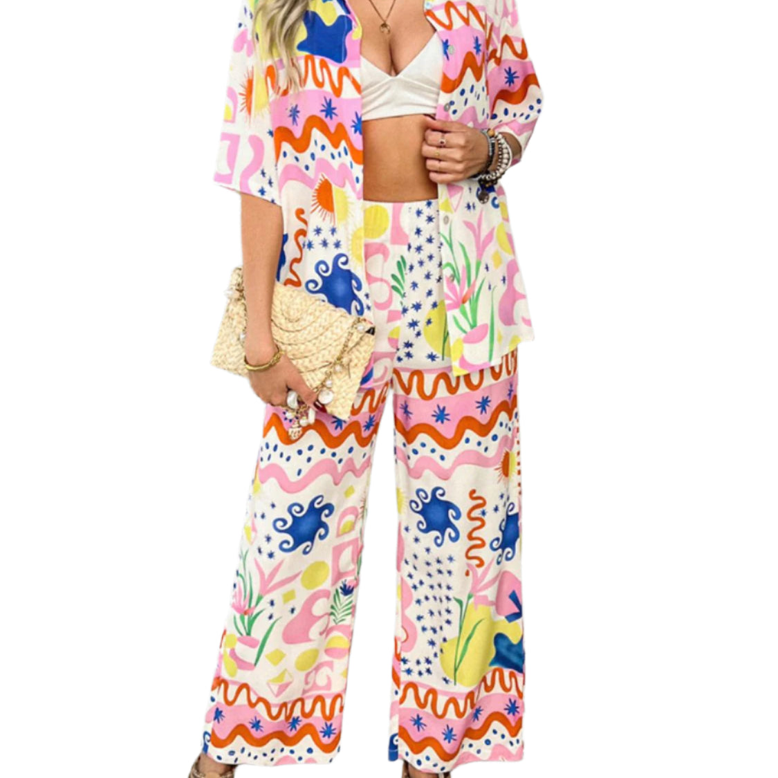 Devine Printed Button Down Shirt and Pants Set