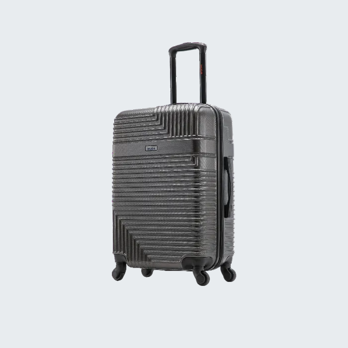 Gray suitcase with a textured surface on a white background