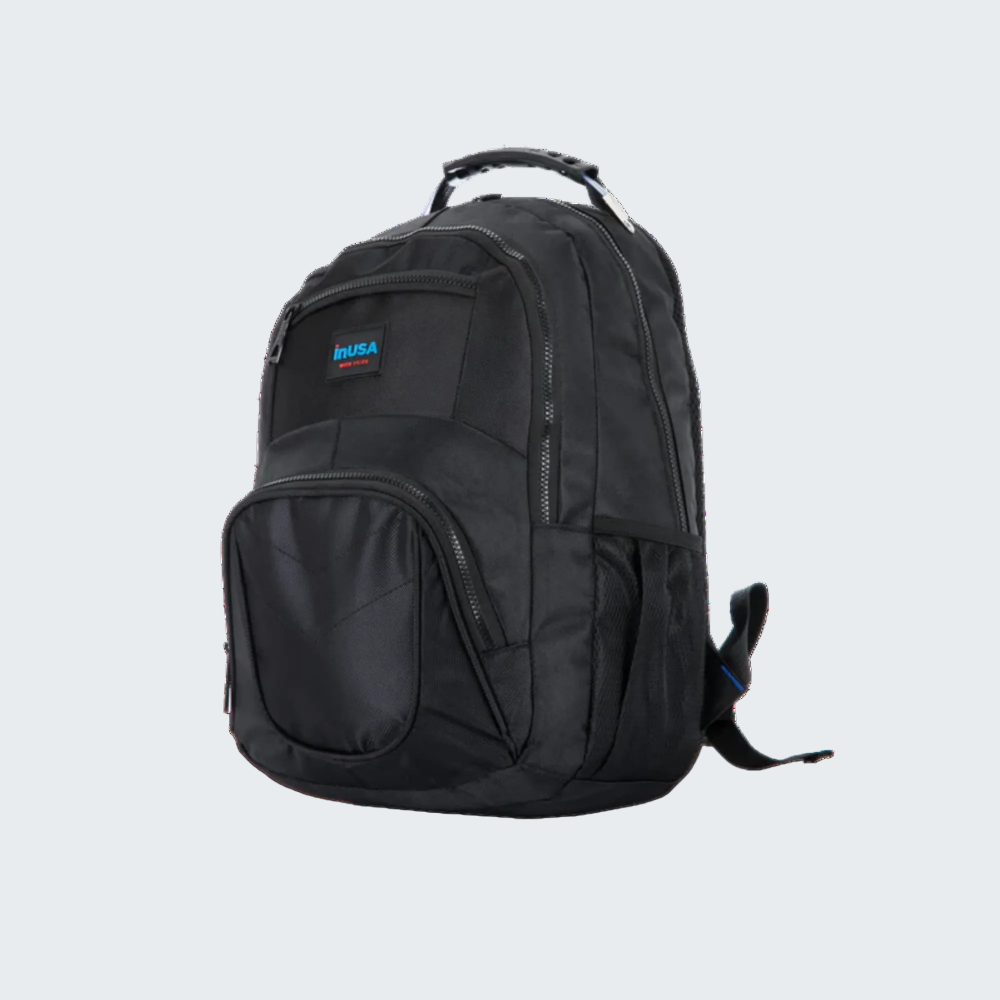Black backpack with a visible brand logo on a white background