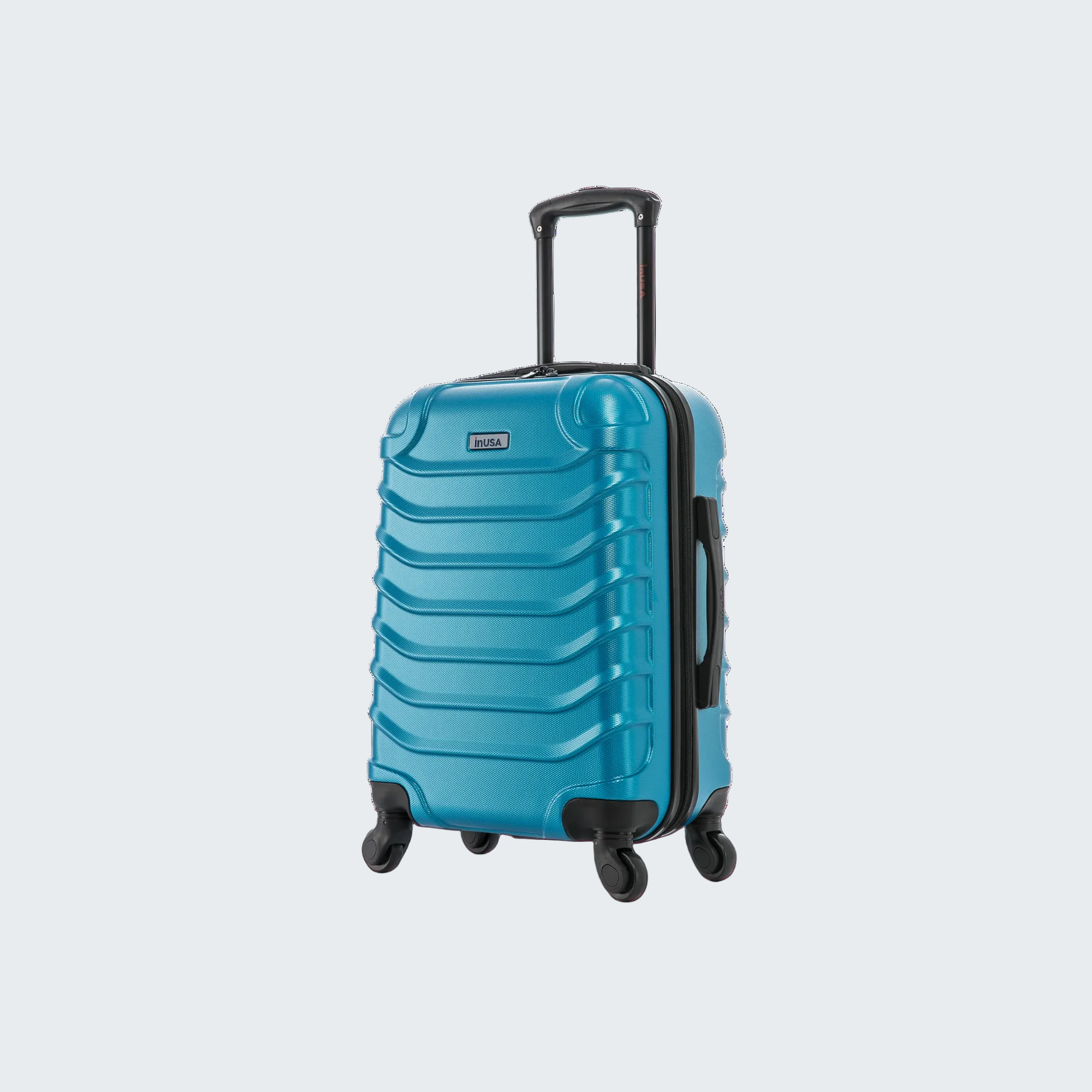 Blue suitcase with a black handle and wheels on a white background