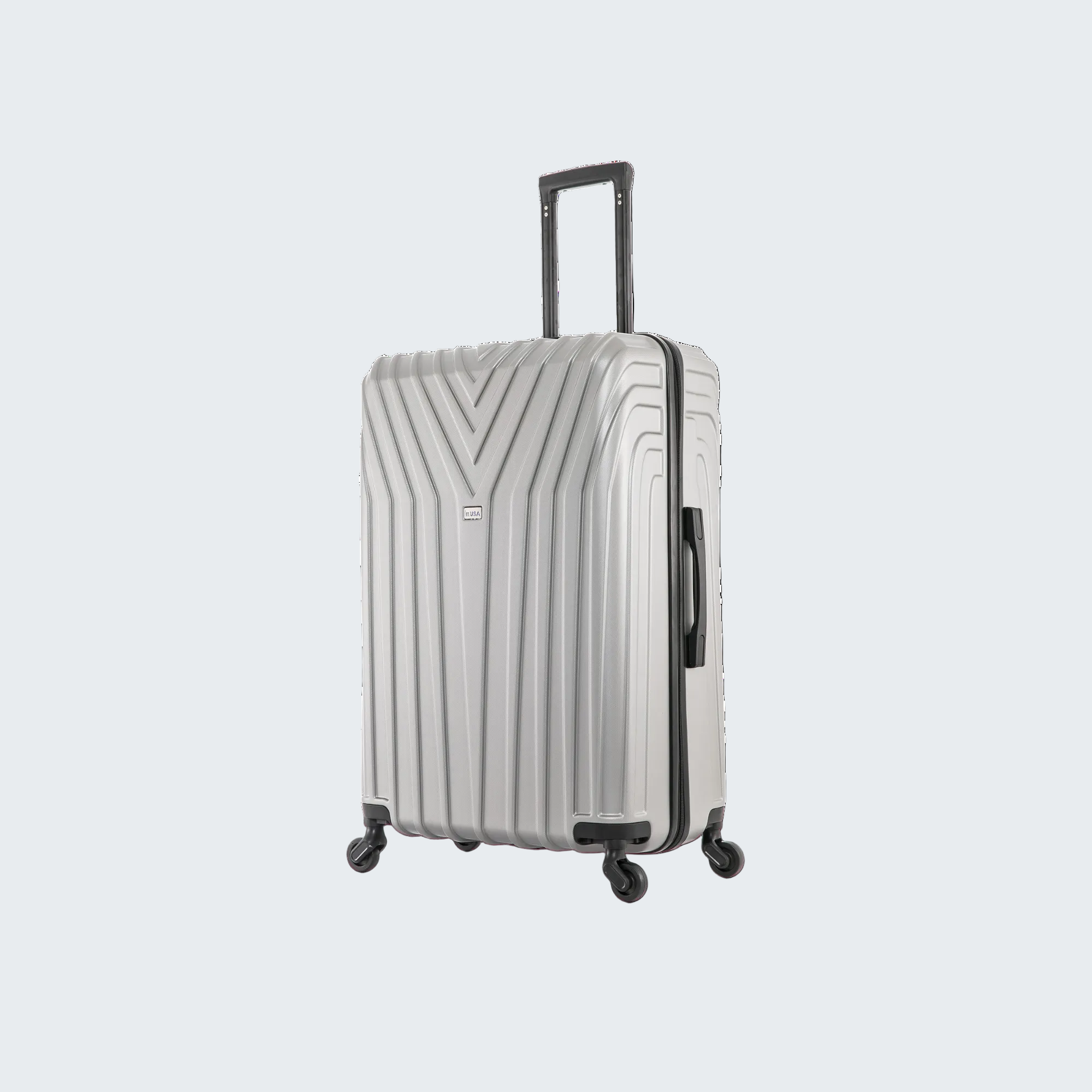 Silver suitcase with a black handle on a white background