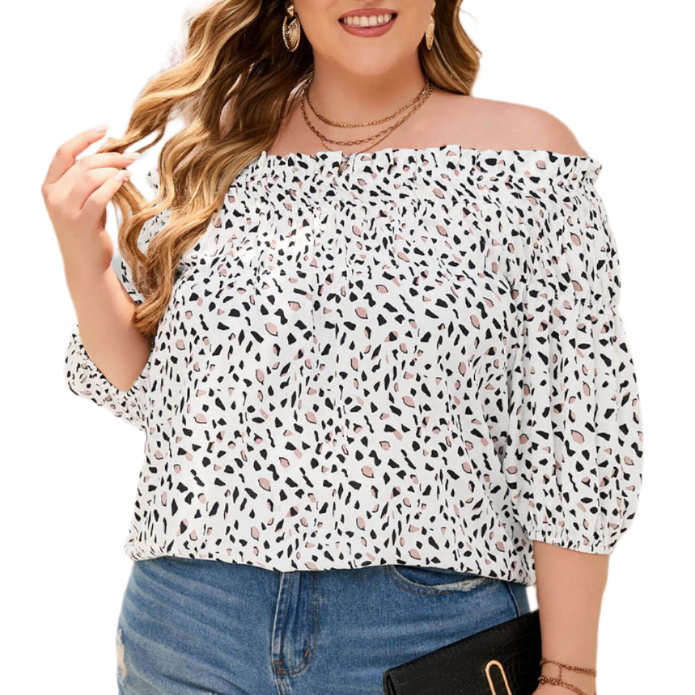 Plus Size Printed Off-Shoulder Half Sleeve Blouse