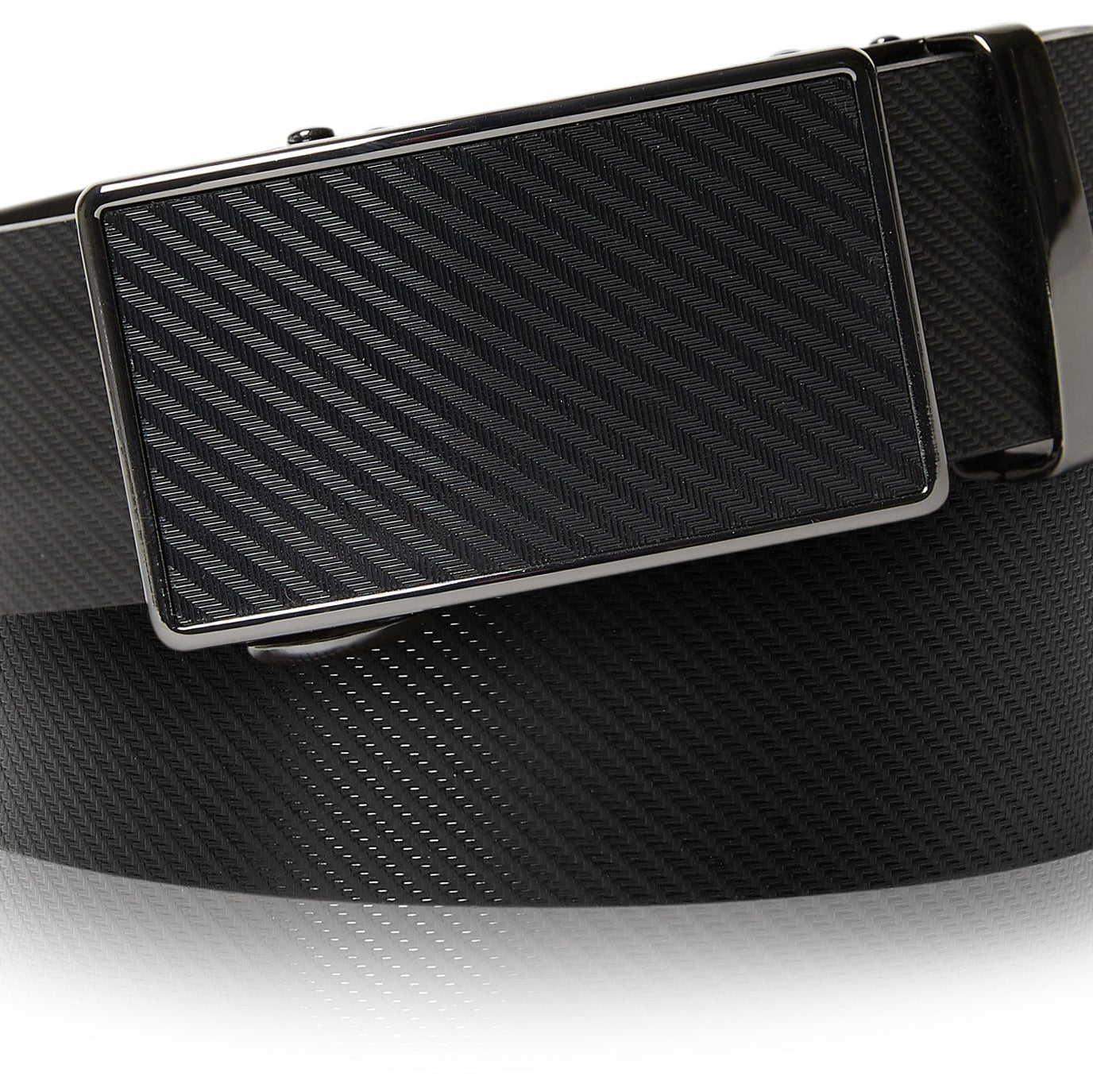 Black carbon fiber belt with a matching buckle on a white background