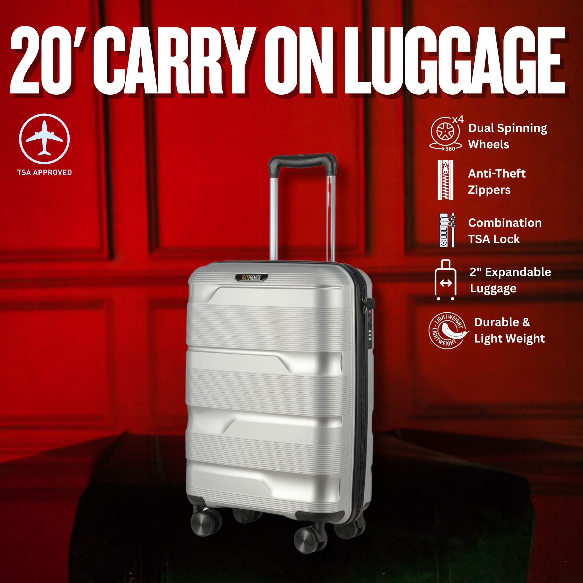 Silver carry-on luggage with features listed on a red background