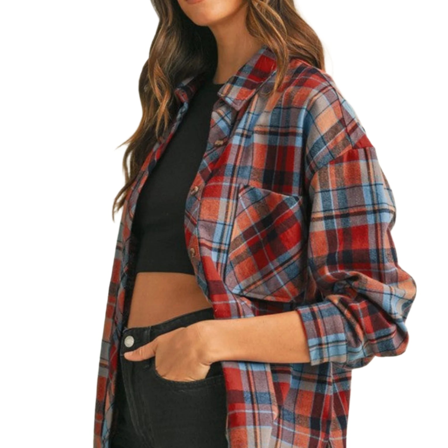 Plaid Print Drop Sleeve Loose Shirt