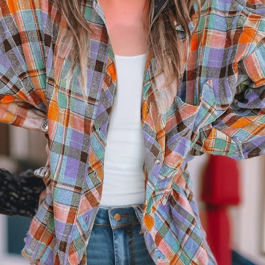 Plaid Print Drop Sleeve Loose Shirt