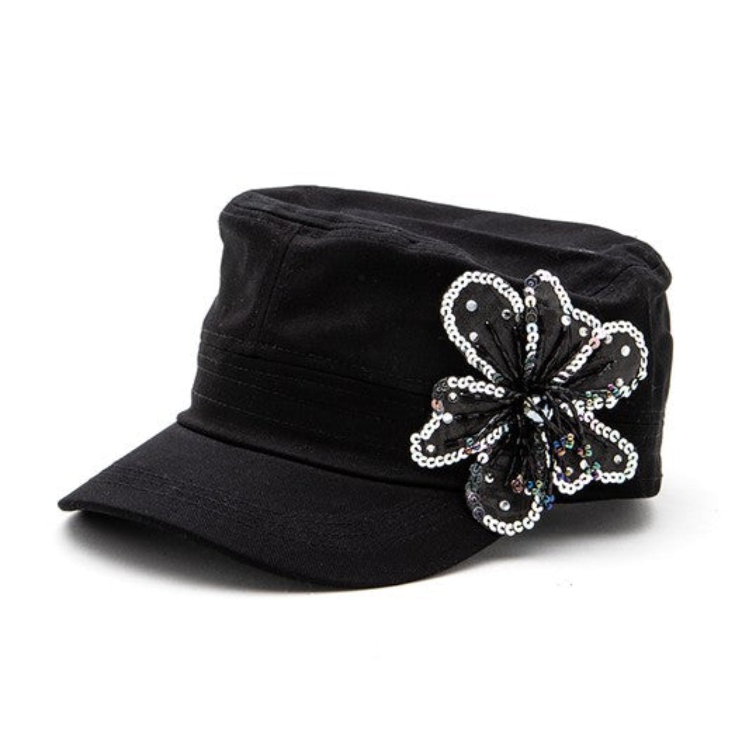 Sequins Beaded Flower Statement Cadet Hats