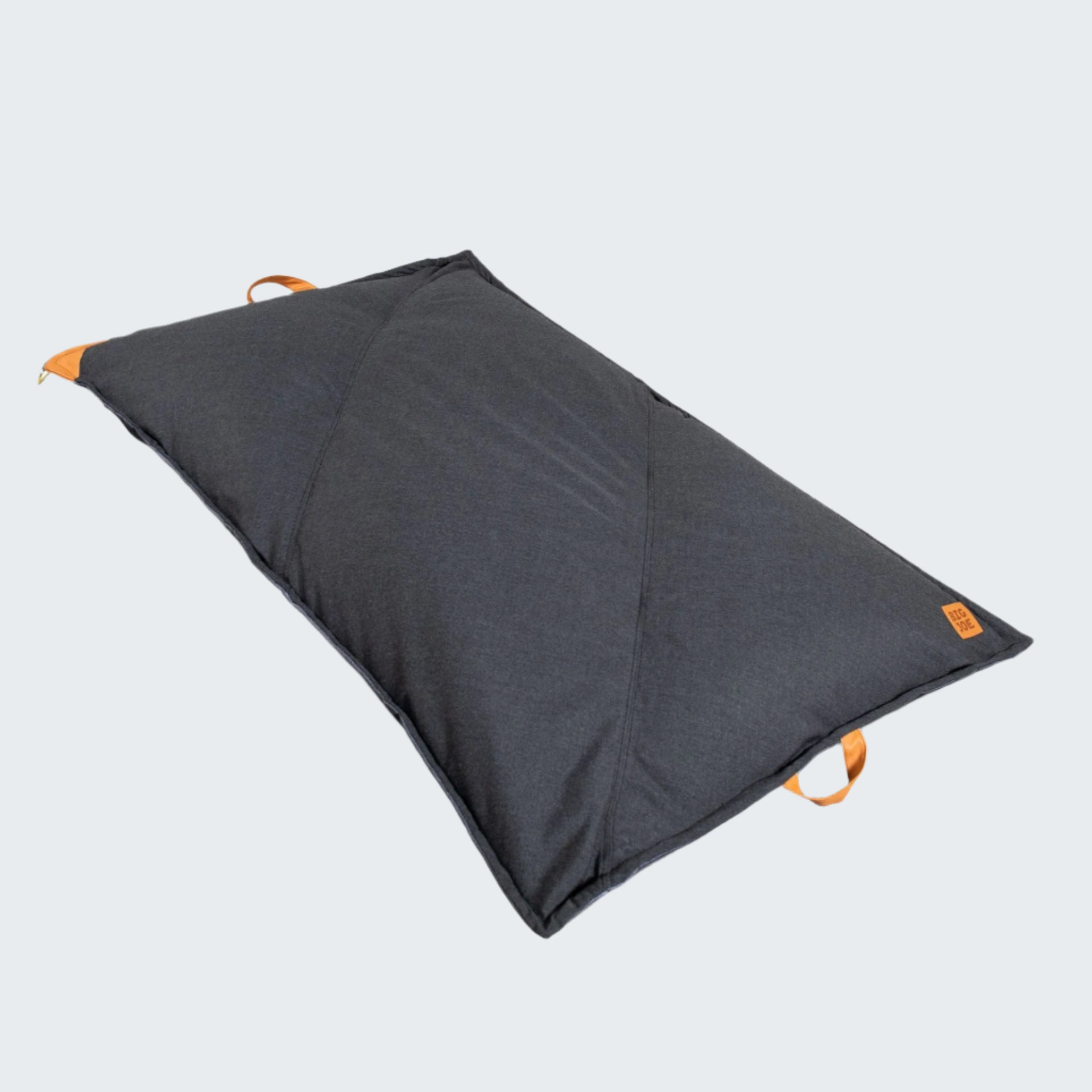 Gray pet bed with orange accents on a white background