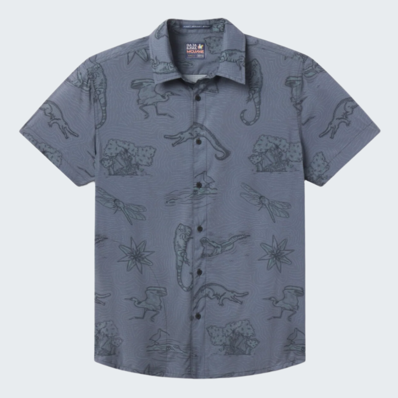 Short-sleeve shirt with nature-themed pattern on a white background