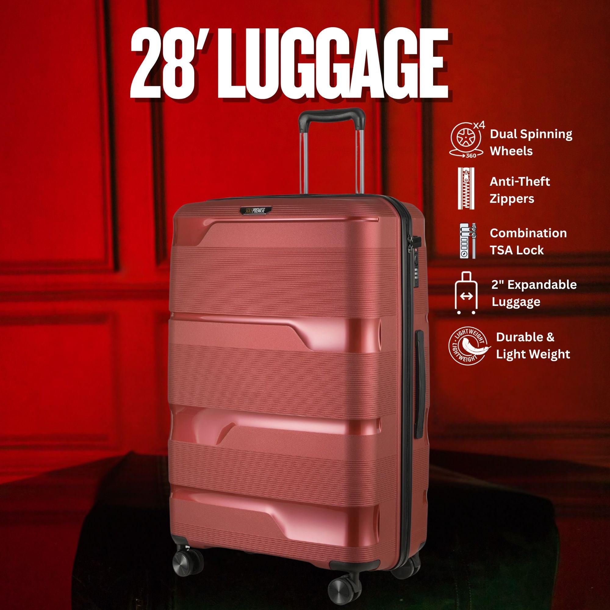 Red suitcase with features listed on a red background