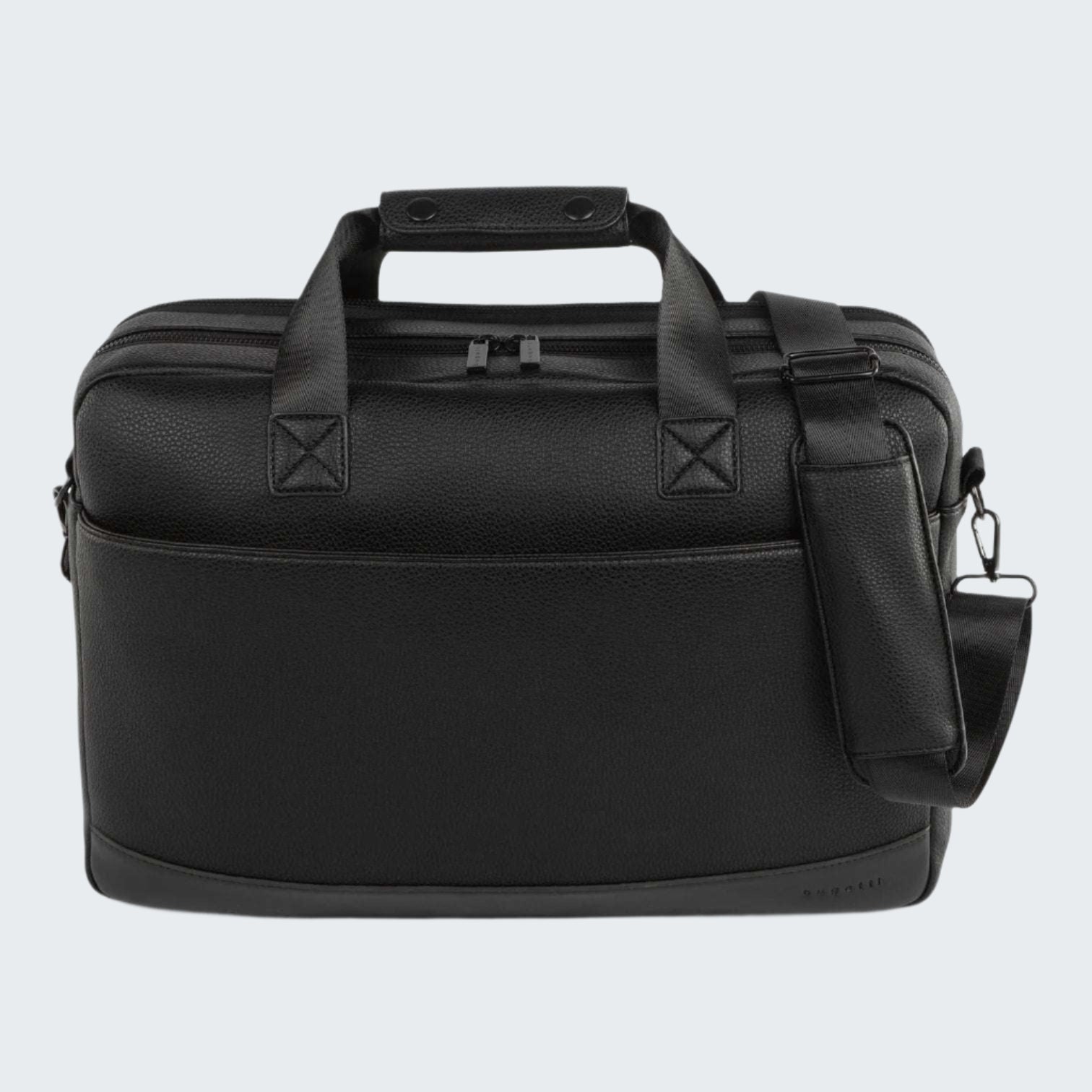 Black leather briefcase with shoulder strap on a white background