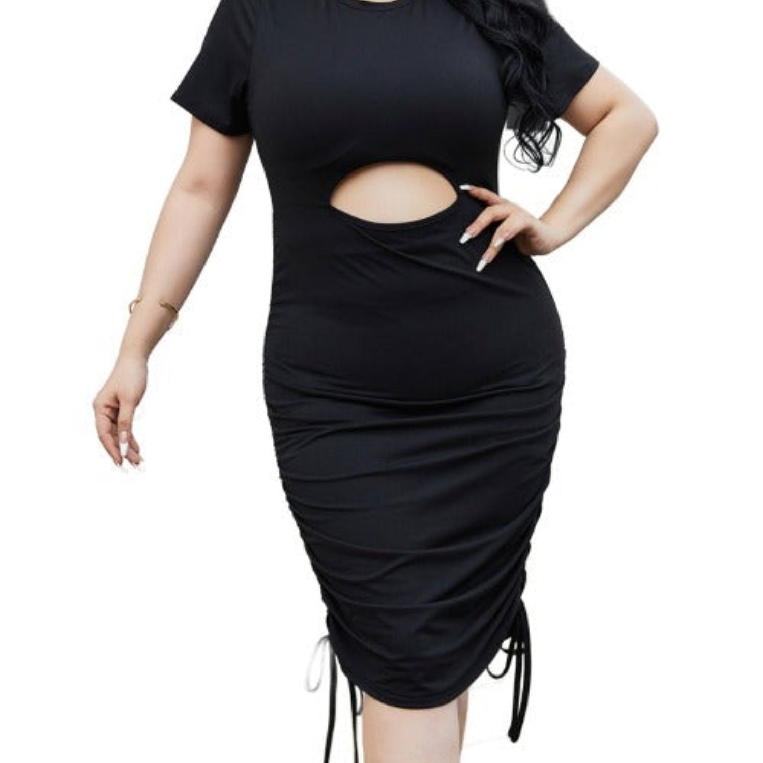 Cutout Ruched Round Neck Short Sleeve Dress