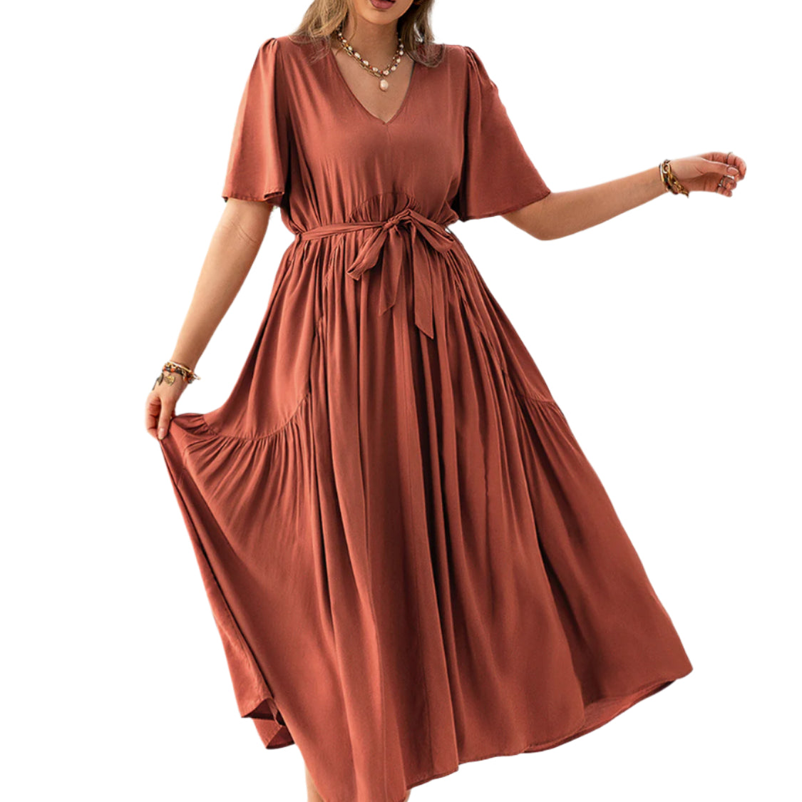 Plus Size V-Neck Flutter Sleeve Midi Dress