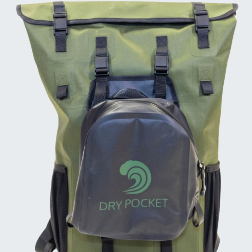 Green waterproof backpack with a smaller black backpack attached, featuring 'Dry Pocket' branding.