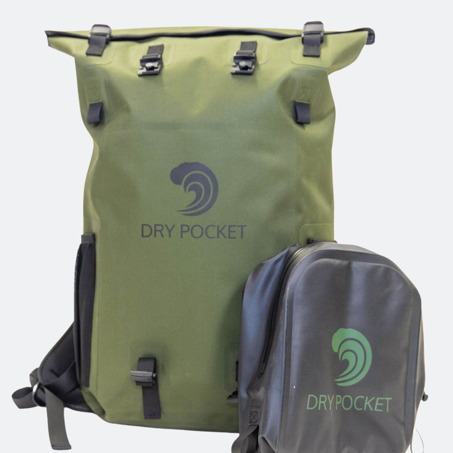 Green backpack and gray pouch with 'Dry Pocket' logo on a white background