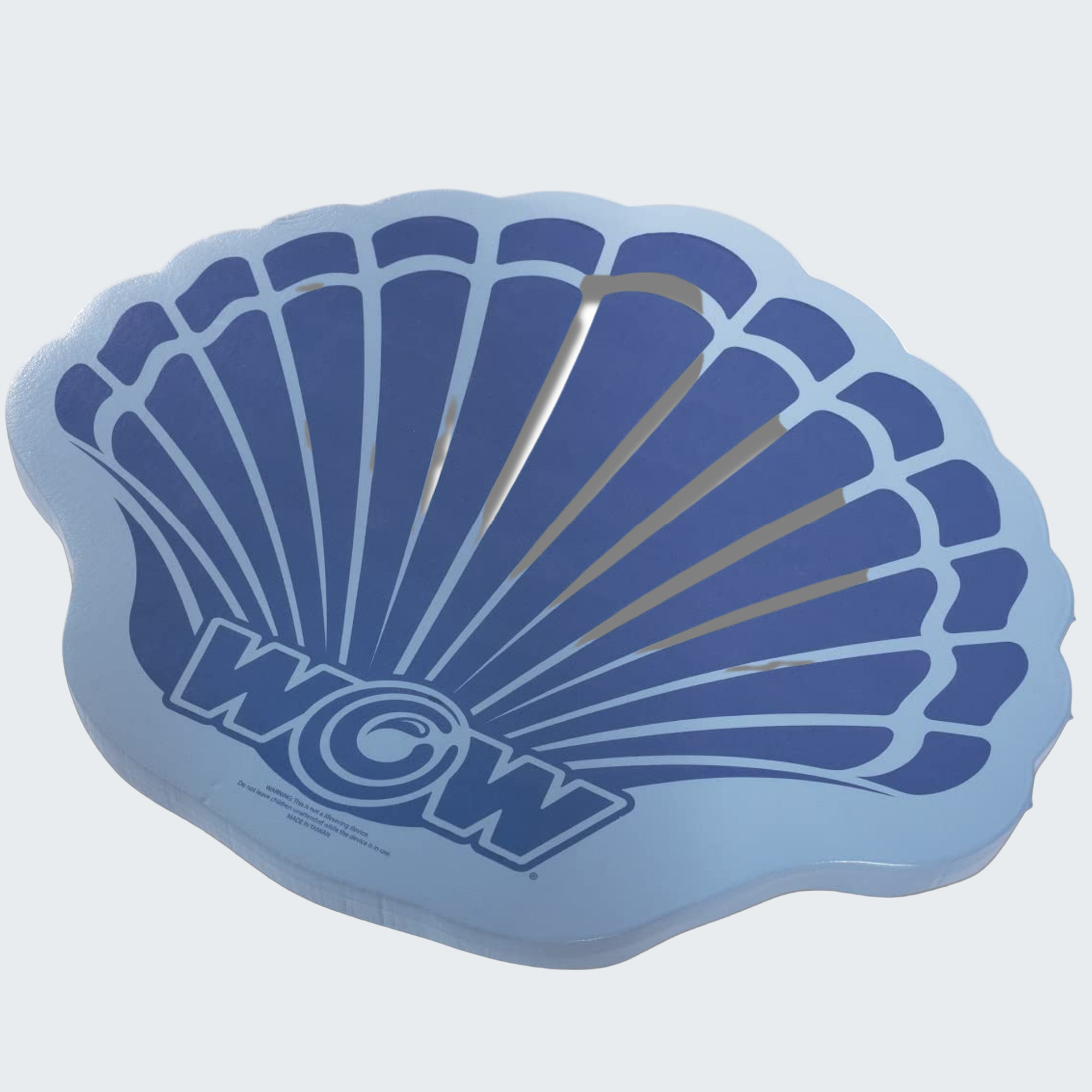 Blue shell-shaped object with 'WOW' text on a white background