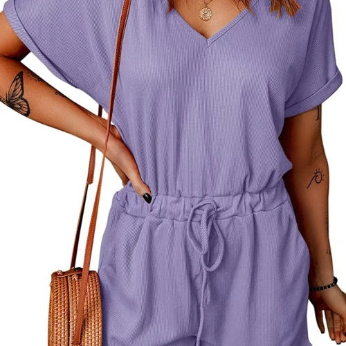 Drawstring V-Neck Short Sleeve Romper