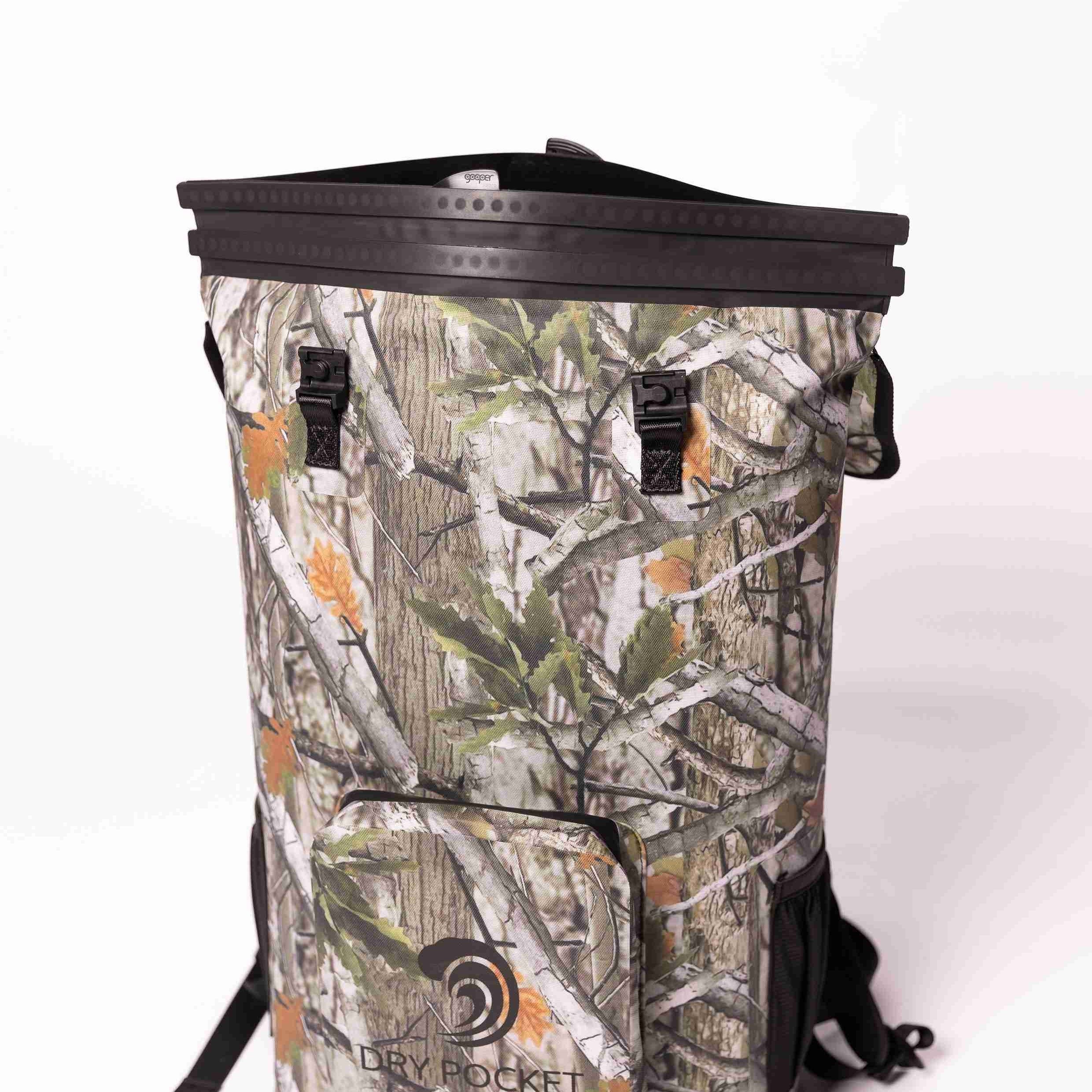 Camouflage backpack with a visible brand logo on a white background