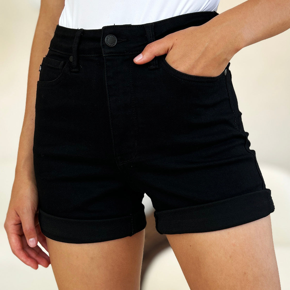 High Waist Tummy Control Cuffed Denim Shorts