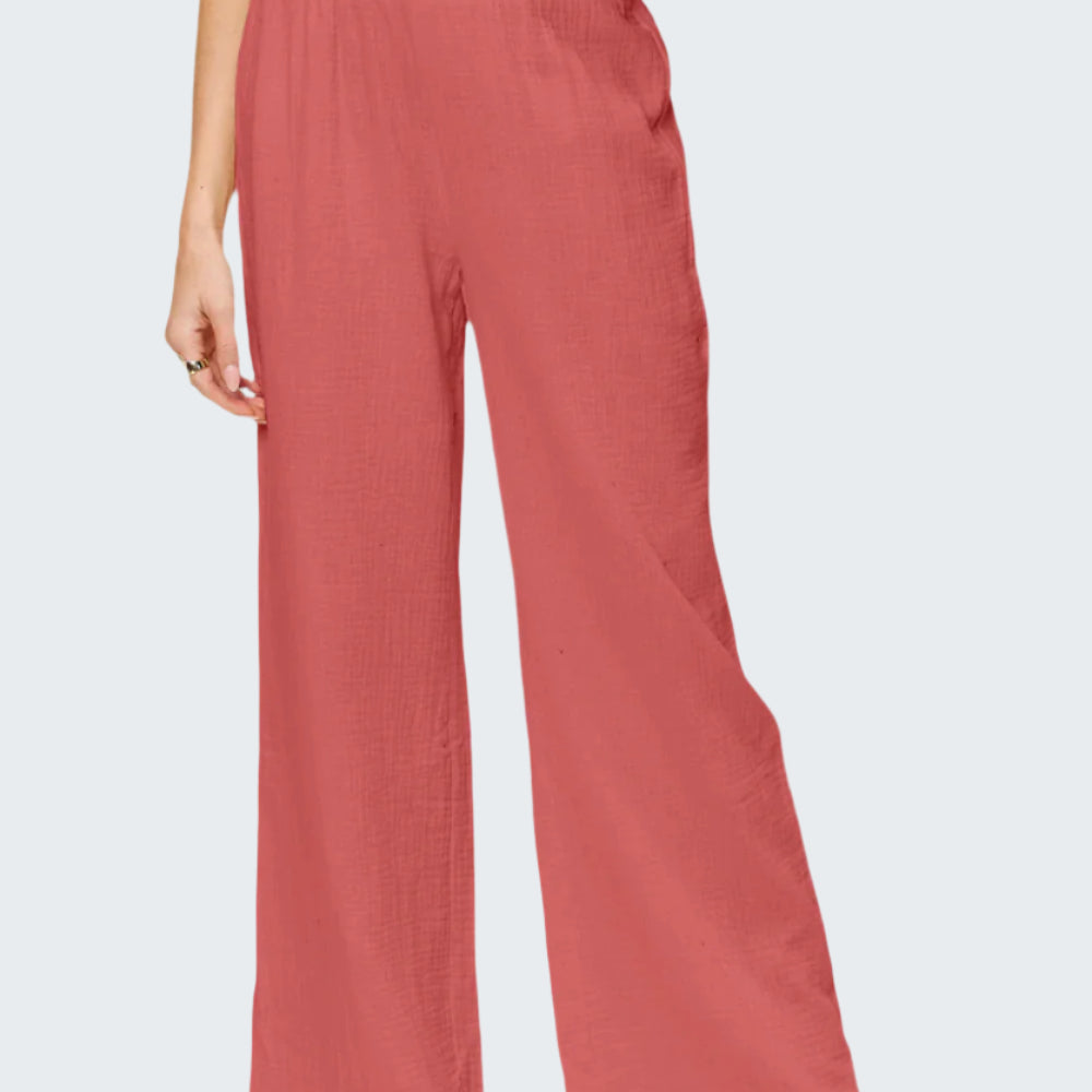 Double Take Full Size Texture Smocked Waist Wide Leg Pants