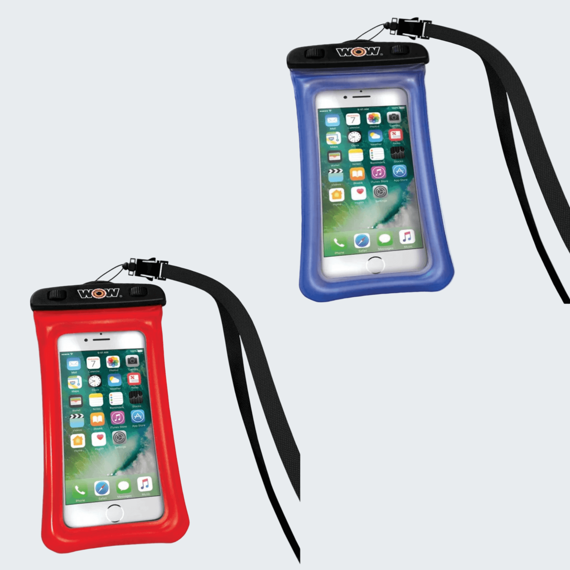 Two waterproof phone cases, one red and one blue, with a lanyard on a white background.