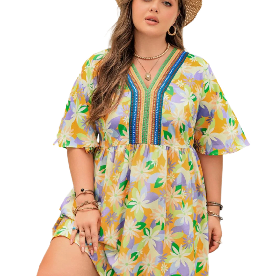 Plus Size Printed V-Neck Half Sleeve Mini Dress