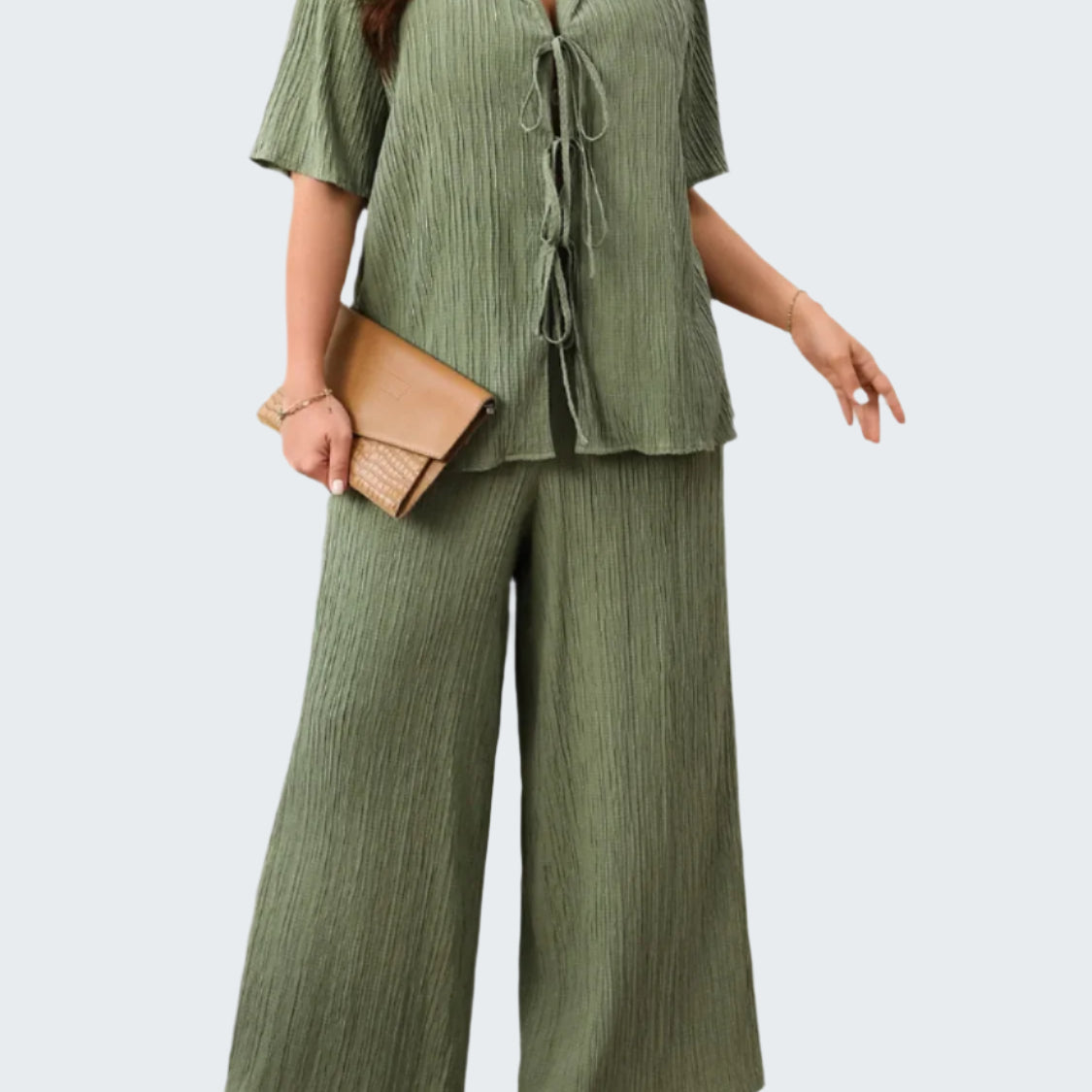 Plus Size Tie Front Short Sleeve Top and Pants Set